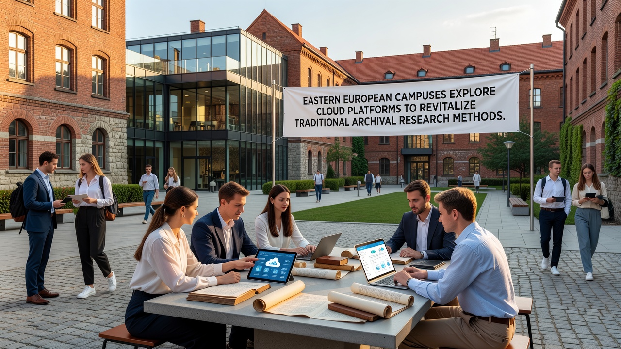 Cloud-based archival research workstation displaying scanned historical documents alongside analytical tools at an Eastern European university