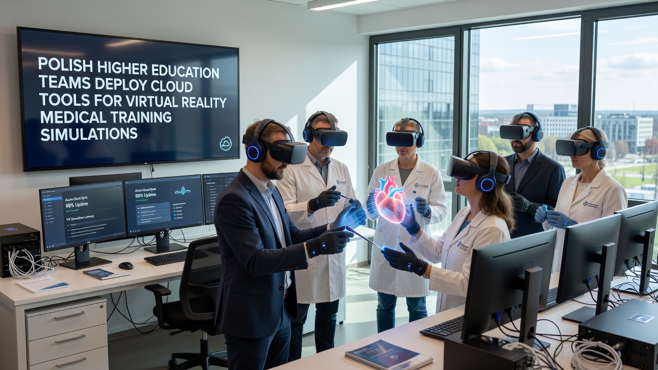 Detailed view of VR medical simulation interface showing anatomical models and cloud dashboard metrics used in Polish higher education programs